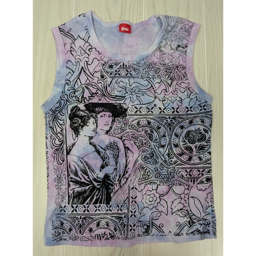 Glima Tank Top Vintage Women's M Purple Blue Tie Dye Victorian Print Made USA